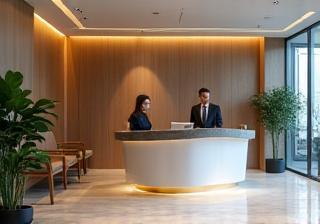 Receção moderna de hotel com equipa ao fundo